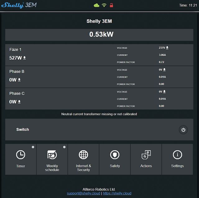 Shelly WebUI aplikace - lokální data přímo z 3EM modulu