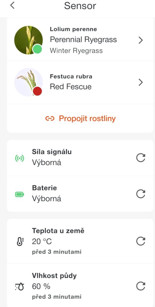 Aplikace Gardena a informace půdního sensoru k trávníku